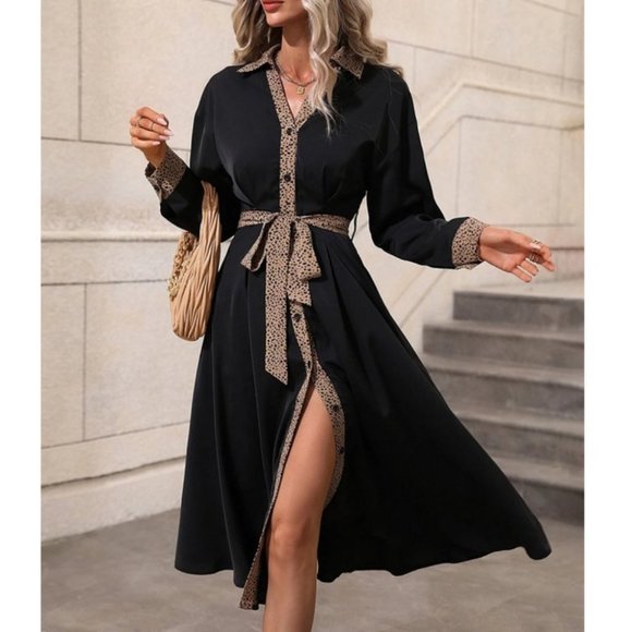 Dalmatian Print Button Up Belted Shirt Dress black tan - Picture 9 of 9